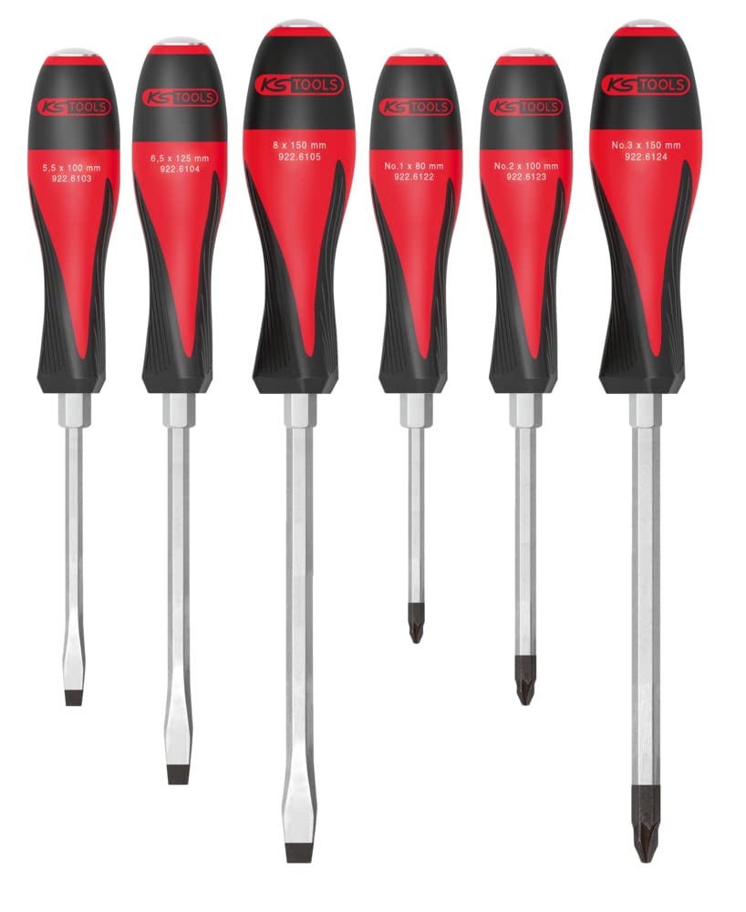 KS TOOLS 922.6120 Box of 6 ULTIMATEmax Screwdrivers, 5.5 to 8 mm - PZ1 to PZ3, Red / Black, Jeu de 6 tournevis - PZ1 à PZ3