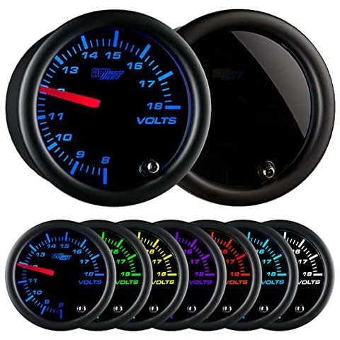 GlowShift Tinted 7 Color Volt Voltmeter Gauge - Voltage Range 8-18 Volts - Black Dial - Smoked Lens - 2-1/16" 52mm Cover