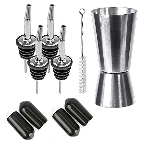 NJ Metal Bottle Pourers for Syrup Wine Olive Oil, Pouring Spouts for Liquor for Bar, Hotel, Kitchen Use Flowing with Dust Covers : Pack of 4 (with black PVC Caps) + 1 PC Peg Measure + 1 Cleaning Brush