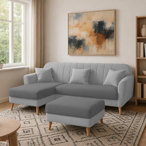 Image of Atticus LHS 4 Seater L Shape Sofa Set with Ottoman for Living Room (Grey & Dark Grey Fabric) Premium Fabric Sofa Set