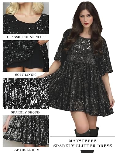 Image of MAYSTEPPE Sparkly Glitter Dress, Sequin Babydoll Summer Dress Short Flowy Tiered Tunic Dress for Women Party Club Night