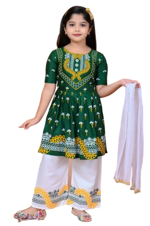 Image of Girls' Traditional Printed Kurti with Palazzo and Dupatta Set, Pink and White, Floral Design