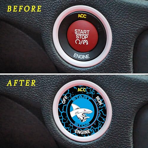 Image of TOOLEPIC Push Start Button Cover for Dodge Challenger Charger Durango Chrysler Journey Ram Accessories 2015-2024, Engine Start Stop Ignition Switch Kit -Angry Shark Design-Crazy Blue Custom Fit