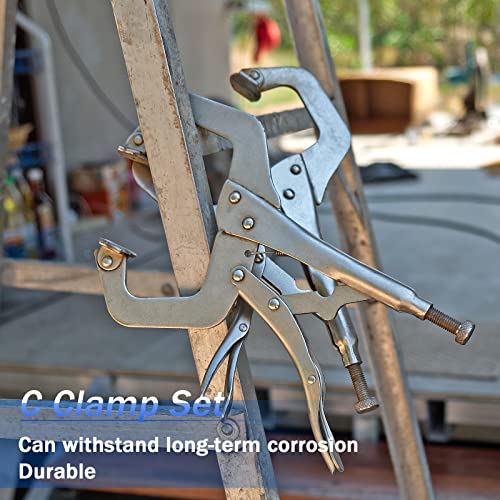 Image of 4 Pcs Locking C Clamp Set, Locking Pliers with Fixed and Swivel Pads, 6 Inch, 9 Inch, 11 Inch, Metal Tools Welding Clamps for Home Farm