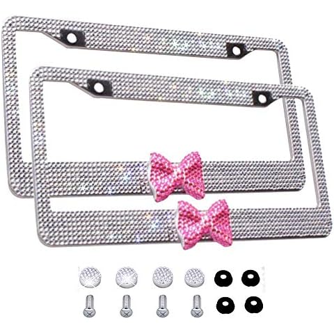 Bling Bling License Plate Frames -8 Row Pure Handmade Waterproof Glitter Rhinestones Crystal License Frames plate for Cars with 2 Holes & Screws Caps Set (2 Pack Pink Bowtie & White Frame) Cover