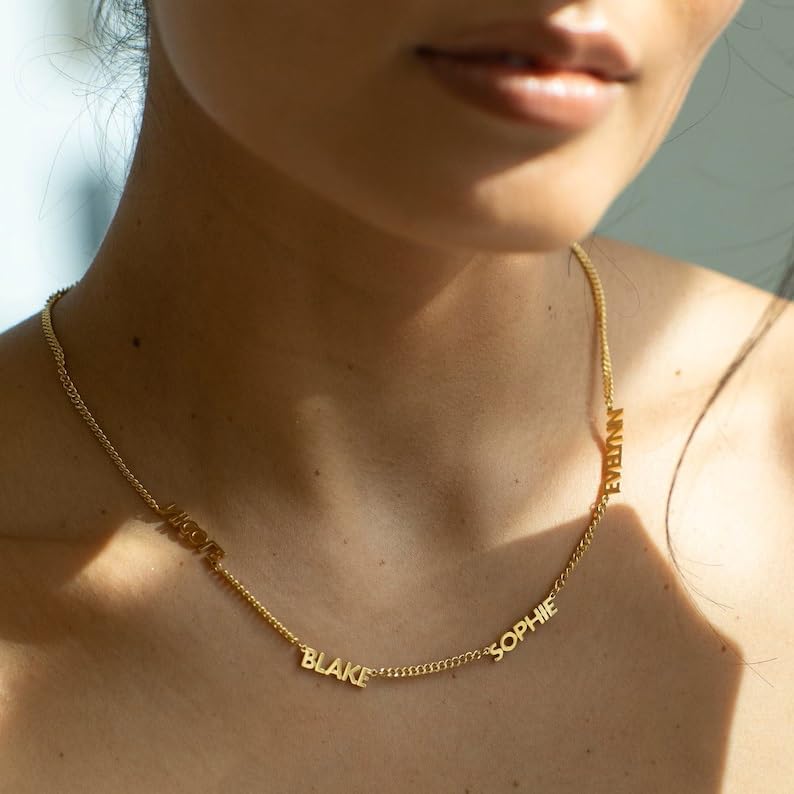 Yoke Style Custom Name Necklace Personalized 18K Gold Plated Nameplate for Women, Customized Choker Necklace with Multiple Names Personalized Mother’s Day Jewelry Gift for Mom Family4