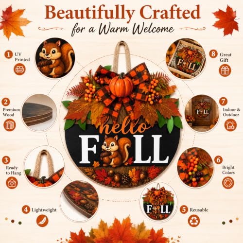 Image of Fall Wreaths for Front Door Hello Fall Squirrel Door Hanger Thanksgiving Decor (Cute Hello Fall)