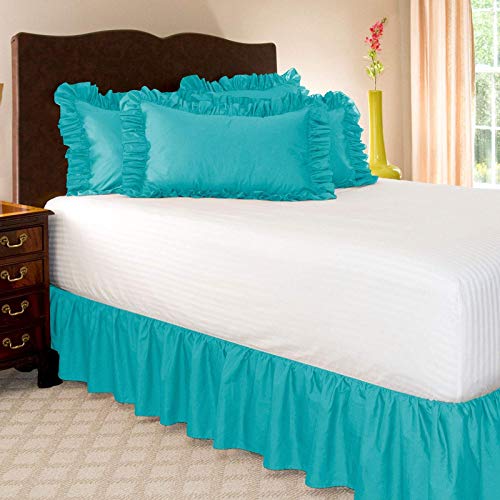 Sky Blue Bed Skirt Ruffle - Dust Ruffle - Easy Fit with 15 Inch Tailored Drop 600 TC 100% Egyptian Cotton 15'' Frill bedsheet Skirt with 2 Ruffle Pillow Cover-picture-34