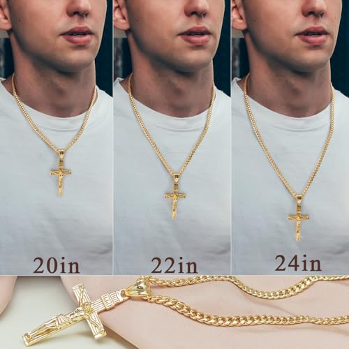 Gold Cross Necklace for Men 14K Gold Cross Necklace for Men Crosses Chain Necklaces for Mens Paired with 4.3mm Cuban Chain Crucifix Pendant Mens Crosses Necklaces 20/22/24in4