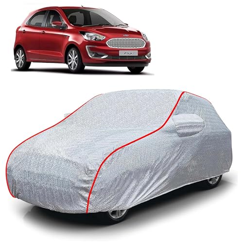 Image of Sulfar 100% Waterproof Car Body Cover Compatible with Mirror for Ford Figo (Triple Stitched, Full Bottom Elastic, Magic Silver with Red Piping)