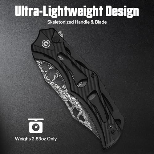 Image of CIVIVI Biophase Pocket Folding Knife for Men, 3.48 inch Damascus Blade Aluminum Handle, Lightweight Skeletonized Flipper Knife for Tactical Survival C23083-DS1 (Black)
