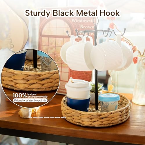 GENMOUS 2-Tier Coffee Mug Holder with Woven Basket for Countertop