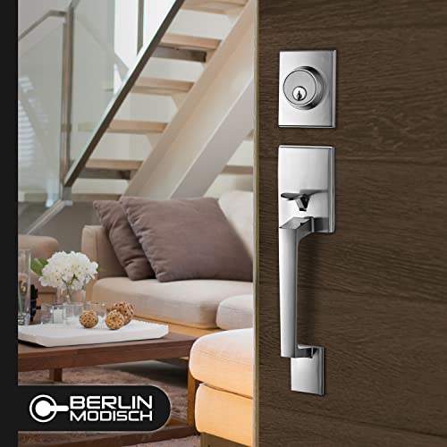 Image of Berlin Modisch Single Cylinder HandleSet with Lever Door Handle (for Entrance and Front Door) Reversible for Right and Left Handed and a Single Cylinder deadbolt Handle Set Satin Nickel Finish