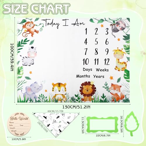 Image of Baby Milestone Blanket for Baby Boy, Animals Baby Monthly Milestone Blanket Safari Baby Growth Blanket Newborn Photography Background with Wooden Signs, Frames, Bandana