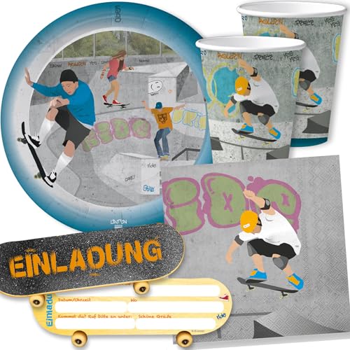Set de fête 42 pièces « Skate Park » avec assiettes, gobelets, serviettes, invitations, vaisselle de fête d'anniversaire, décoration de fête à thème, skateboard, skateboard, skater
