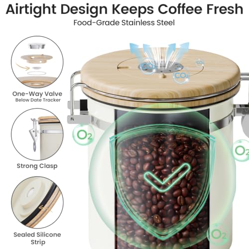 Image of Veken Coffee Canister with Window, Airtight Stainless Steel Container, 16OZ | Date Tracker,Kitchen Food Storage Organizers for Beans, Ground, Espresso, Rice,Tea, Sugar,Cereal, Gifts,Lids,Jars,Scoop,Cream