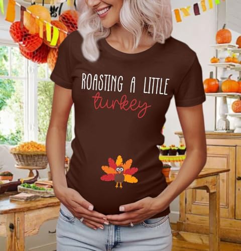 FASHGL Thanksgiving Pregnancy Shirt Women Funny Roasting a Little Turkey T-Shirt Cute Pregnancy Announcement Tee Tops2