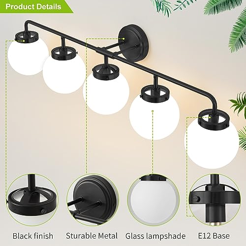 Image of Bathroom Light Fixtures 39in 5-Light Matte Black Vanity Lights for Mirror | Bathroom Lighting Fixtures over Mirror, ETL, Brushed Brass Wall Sconce, Dimmable E12 Base Max 60W, Milky Glass Ball Shades
