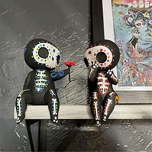 Sugar Skull Decor,Sugar Skull Couple Statue,Sugar Skull Figurine,Resin Crafts Cute Statue Skeleton Memorial Sculpture, Halloween Home Decor Collectible Figurines,Sugar Skull Gifts For Women (A) #TOP2