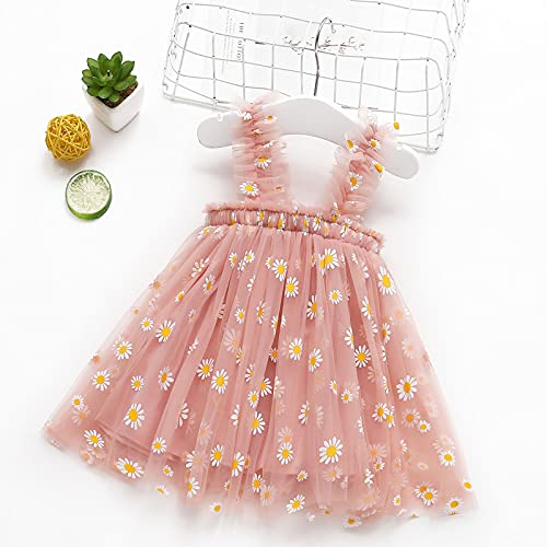 Vestido infantil de verão para meninas, sem mangas, com estampa de margarida, tela tipo tutu com bor