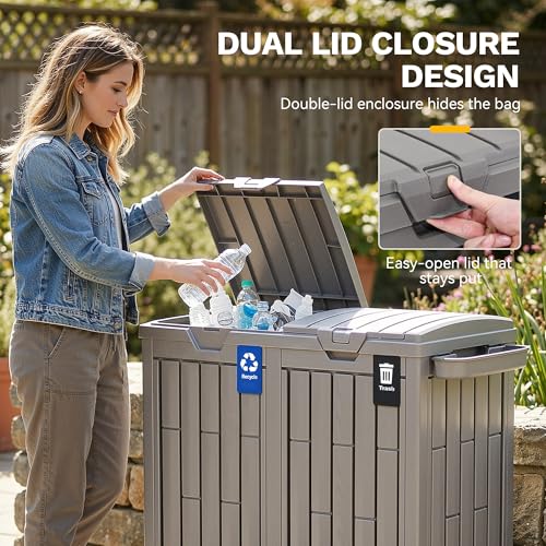 image for DWVO 76 Gallon Outdoor Trash Can, Dual-Compartment Resin Garbage Bin w