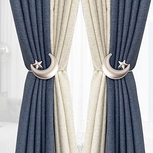 Canjuxk 2 Pack Curtain Tiebacks，Magnetic Curtain Tiebacks,Star Moon Curtain Decorative Weave Rope Curtain Holdbacks Holder For Window Decor, Curtain Clips Rope Straps Magnet For Home Office (Silver) #TOP23