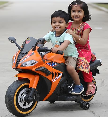 Image of Wishmaster Kids Battery Operated Ride-On Super Bike | Electric Rechargeable Bike for Boys & Girls 2-8 Years | Lights, Music, Training Wheels, | 100% Ready to Use Assembled (Blaze Orange)