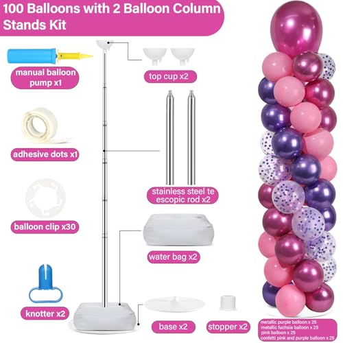 Image of 2 Sets Pink and Purple Balloon Column Stand Kit with 102 Balloons Adjustable Balloon Tower Stand with Bases for Floor Confetti Balloons Column Kit for Graduation Birthday Appreciation Party Decor