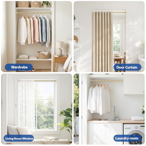 Image of Tension Curtain Rod 32-48Inch Gold Shower Rod Tension Rod Adjustable | Curtain Rods no Drilling Curtain Rods for Windows,Closets,Doorway