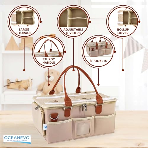Image of OCEANEVO Cute Diaper Caddy Organizer Bag WITH Lid, Changing Mat & Luggage Tag | New Born Baby Essentials Storage Basket with Compartments and Removable Shoulder Strap | 40 x 27 x 19 Cm - Beige