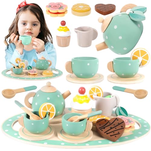 ENCOUN 17Teeservice Kinder Holz Set, Tee Set Holzspielzeug, Teeparty...