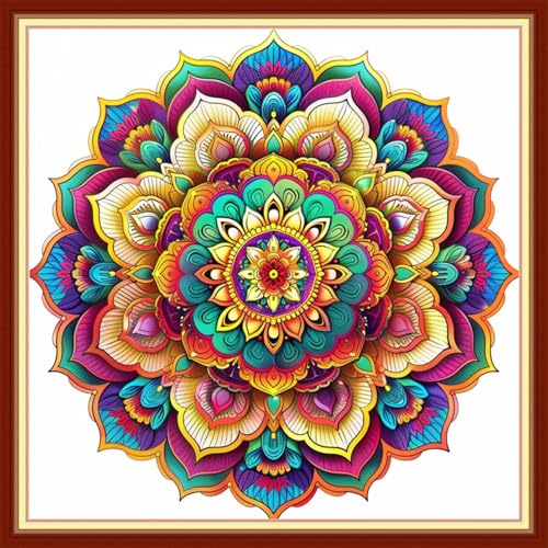 Image of Funchey Stamped Cross Stitch Kits, DIY Cross Stitch Pattern for Adults Beginners Needlepoint Kits Embroidery Kit Arts and Crafts 11CT&Colorful Mandala 18x18 inchs