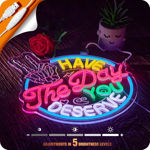 Image of Have The Day You Deserve Neon Sign Positive Affirmation Game LED Neon Light | USB Powered Spooky Skull Skeleton Hand for Wall Decor Hotel Motel Inn Bedroom Porch Game Room Man Cave