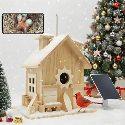 Intoo Lifes Bird House with Camera Solar - Birdhouse Camera for Outside Hanging Wooden ：2.5K HD Wireless Bird House Camera for Outdoors - Decorative Box Gift for Bluebird Cardinal Mother's Day