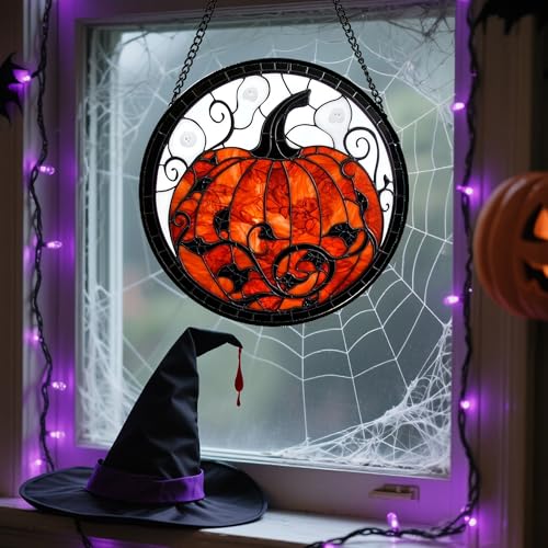 Image of Stained Glass Window Hanging - Halloween Red White Scary Pumpkin Suncatcher for Doors Garden Home Spooky Rattan Sun Catchers Gothic Decor Horror Gifts for Women Men Friend Boy Girl 6.3 in