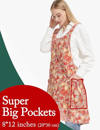 Image of Cozy Adjustable Cross Back Aprons for Women with Pockets Cotton Linen Cooking Kitchen Baking