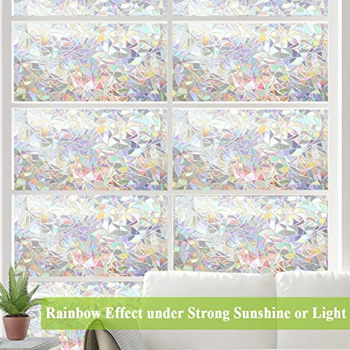 3D Prism Window Film,Transparent Decorative Glass Film Window Door Tint,Rainbow Effect Static Cling Heat Control Anti Uv For Kitchen,Dining Room,Bedroom,Living Room,23.6 Inches By 118 Inches #TOP1
