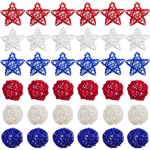 STMK 36 Pcs 4th of July Rattan Balls Decorations 2 Inch Star Shaped Wicker Balls & Red White and Blue Wicker Balls for 4th of July DIY Vase Bowl Filler Ornament Table Decorations
