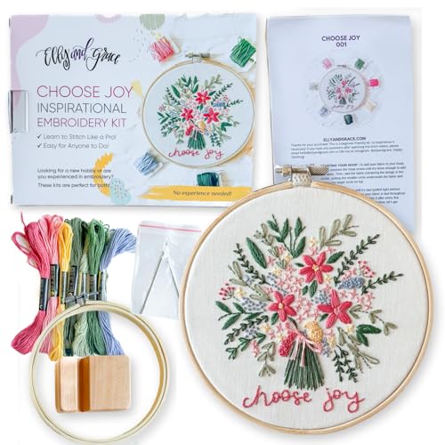 Image of Elly & Grace Christian Embroidery Kit with Embroidery Hoop, Easy Embroidery Kit for Beginners and Adults, Full Embroidery Hoop Kit with Needles and Thread Included (Choose Joy)