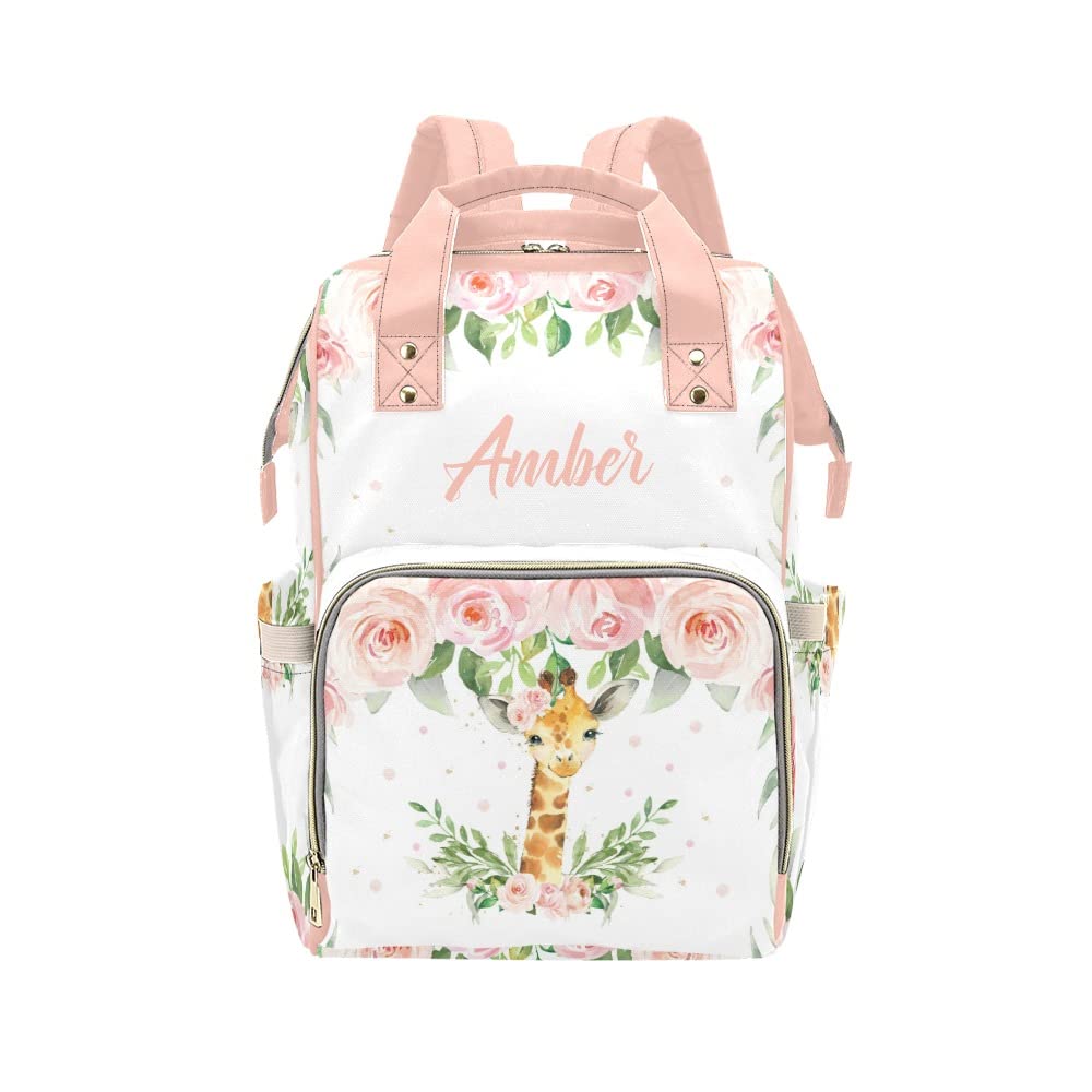 Watercolor Pink Floral Giraffe Diaper Bags Backpack with Name Personalized Baby Bag Travel Tote Bag Gifts for Mom Girl