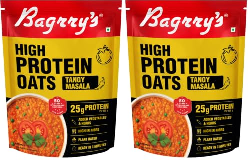 Image of Bagrry's High Protein Masala Oats 400g | 25g Plant Protein | Tangy Masala Flavour | Instant Savoury Oats | Wholegrain Breakfast Cereal with Real Veggies & Herbs | Protein Oats for Gym & Weight Management | No Palm Oil, No MSG, No Added Preservatives | Ready in 3 Minutes