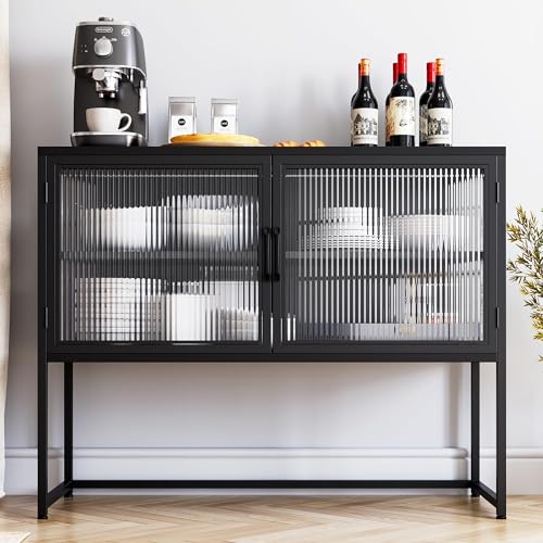GAOMON Armario de buffet con puertas de cristal, aparador con estantes ajustables, puertas de cristal independientes, armario de almacenamiento para cocina, sala de estar, comedor, color negro