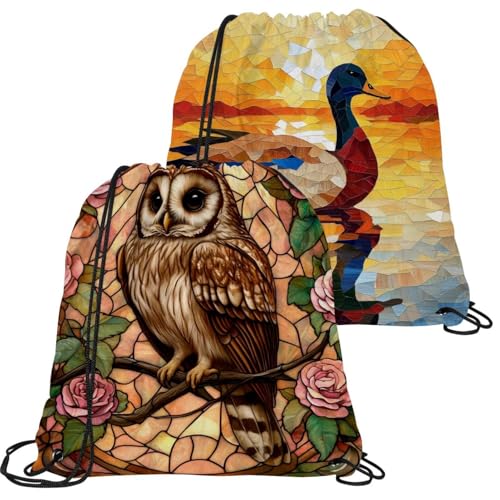 Sac à dos cordon pour homme et femme, motif hibou multicolore et pliable pour le sport