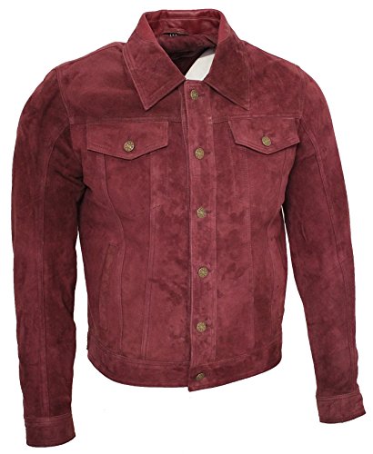 Men's Trucker Casual Burgundy Goat Suede Leather Shirt Jeans Jacke4