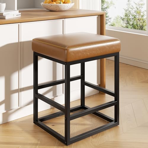 Image of Bar Stools, 24in Counter Height Barstools, Faux Leather Counter Stools with Thick Square Seats & Sturdy Metal Base, Modern Bar Chairs for Kitchen Island (Caramel)