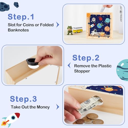 Image of ICOSY Piggy Bank for Kids, Wooden Framed Coin Bank | Personalized Money Box for Kids with DIY Name Alphabet Stickers and Clear Acrylic Window for Money Saving