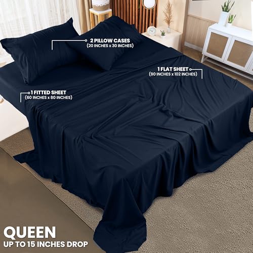 Image of Utopia Bedding Queen Size Sheet Set - 4 Piece Bed Sheets, Soft and Breathable Microfiber, Includes 1 Fitted Sheet, 1 Flat Sheet and 2 Pillowcases - Oeko Tex (Navy) (Pack of 2)