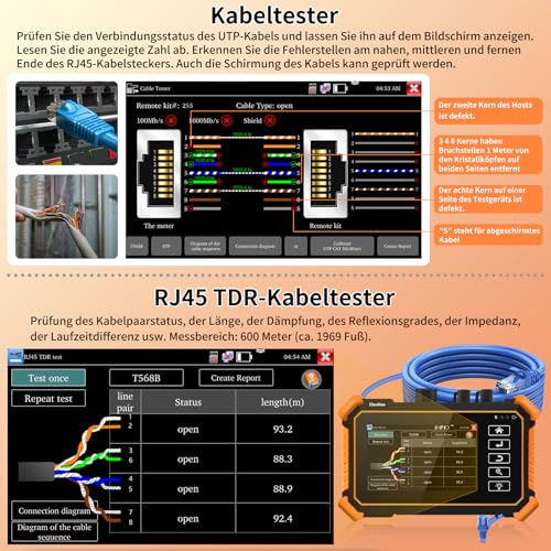 Henkion OTDR Fiber Optic Tester 1610nm 26dB, Glasfasertester unterstützt OPM, LS, OLS, VFL, Ereigniskarte, UTP/RJ45 TDR kabeltest/Längenkabeltester, Netzwerktester, 8 Faseradapter, FTP/Bericht