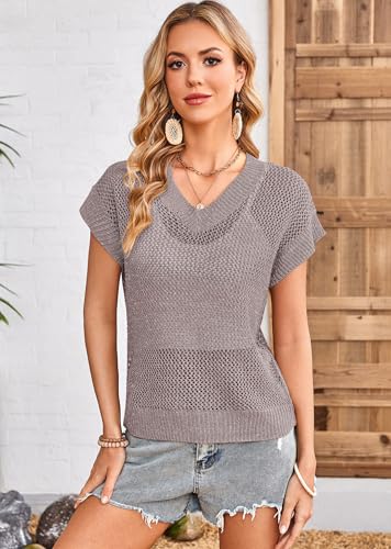 Cakulo Summer Crochet Tops for Women 2025 Short Sleeve V Neck Hollow Out Knit Beach Cover Up Casual Sweater Top3