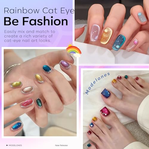 Image of modelones 12Pcs 15ML Cat Eye Gel Nail Polish Set, Same Color Same Bottle Summer Green Blue Yellow Pink Red Purple Cateye Gel Polish Set with Magnet Sparkle Series Hema-free Gel Polish Kit Nail Art